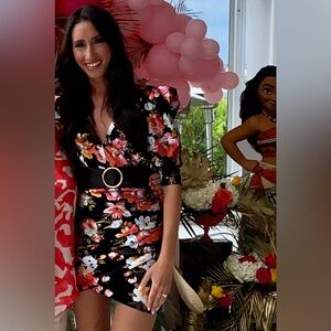 Bronx & Banco Floral Black Dress with Puff Sleeves and Belt